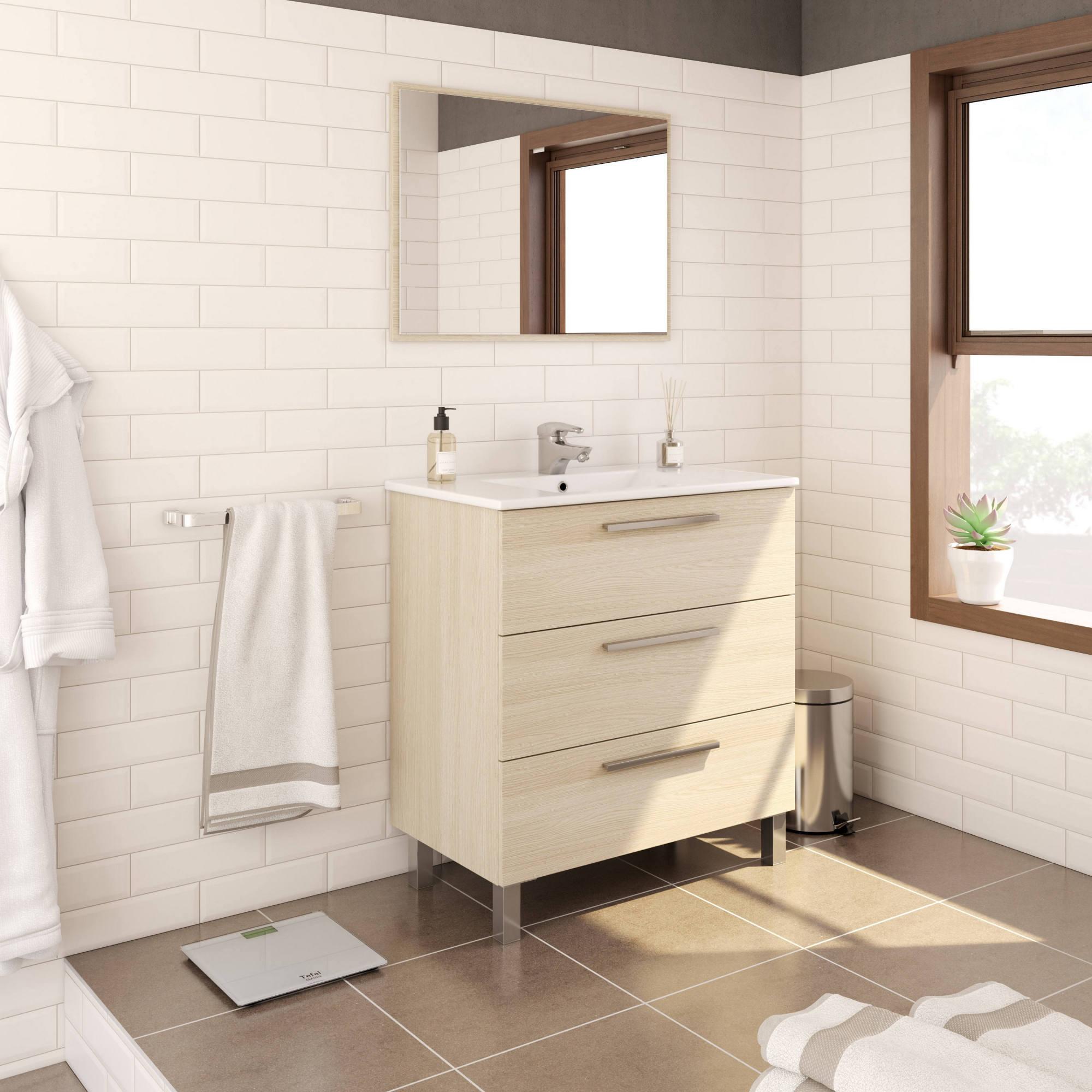 Mobile sottolavabo Palmdale, Mobiletto per bagno, Armadio a 3 cassetti e specchio, lavabo non incluso, cm 80x45h86, Rovere