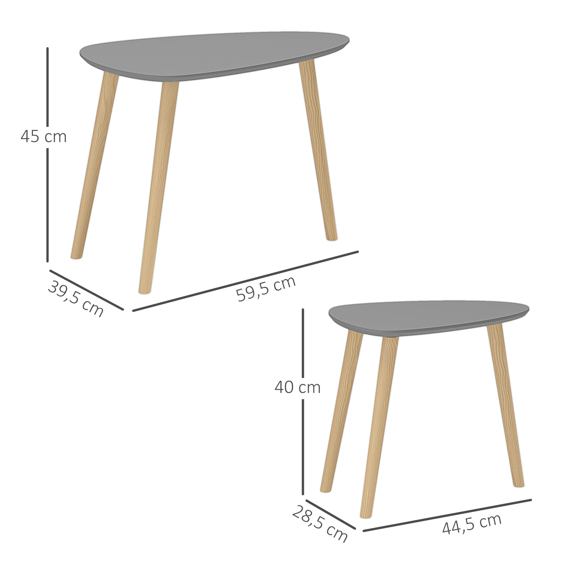 Juego de 2 Mesas Auxiliares con Patas de Madera Mesas Nido Mesas de Café para Salón Dormitorio Oficina 59,5x39,5x45 cm y 44,5x28,5x40 cm Gris y Natural