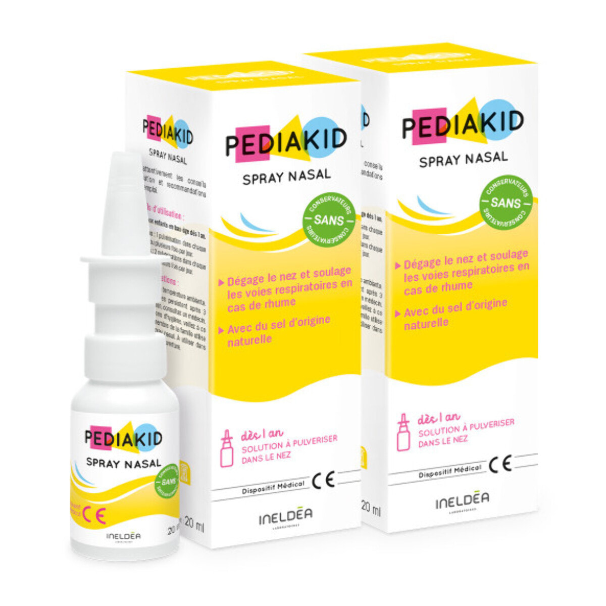 PEDIAKID - Spray Nasal - Solution saline naturelle - Décongestionne, Nettoie et Humidifie le Nez - Dès 1 an - Sans gaz propulseur - 20ml - Lot de 2