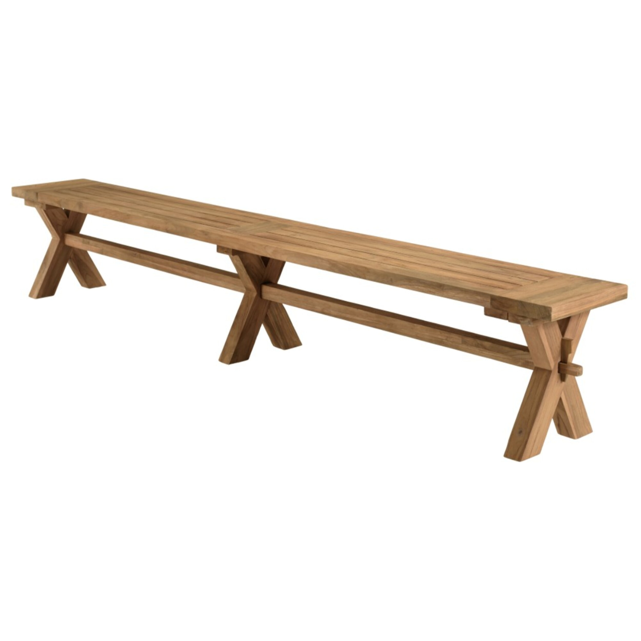 KALLY - Banc de jardin 270x35cm en bois teck recyclé pieds croisés