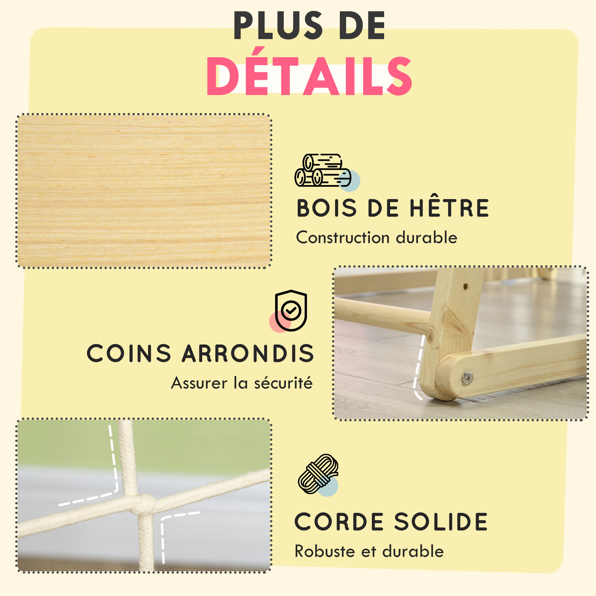 Ensemble d'escalade aire de jeux 5 en 1 avec balançoire, mur d'escalade, filet à grimper, échelle horizontale, jouets d'escalade pour enfants, 120 x 105 x 120 cm, bois naturel
