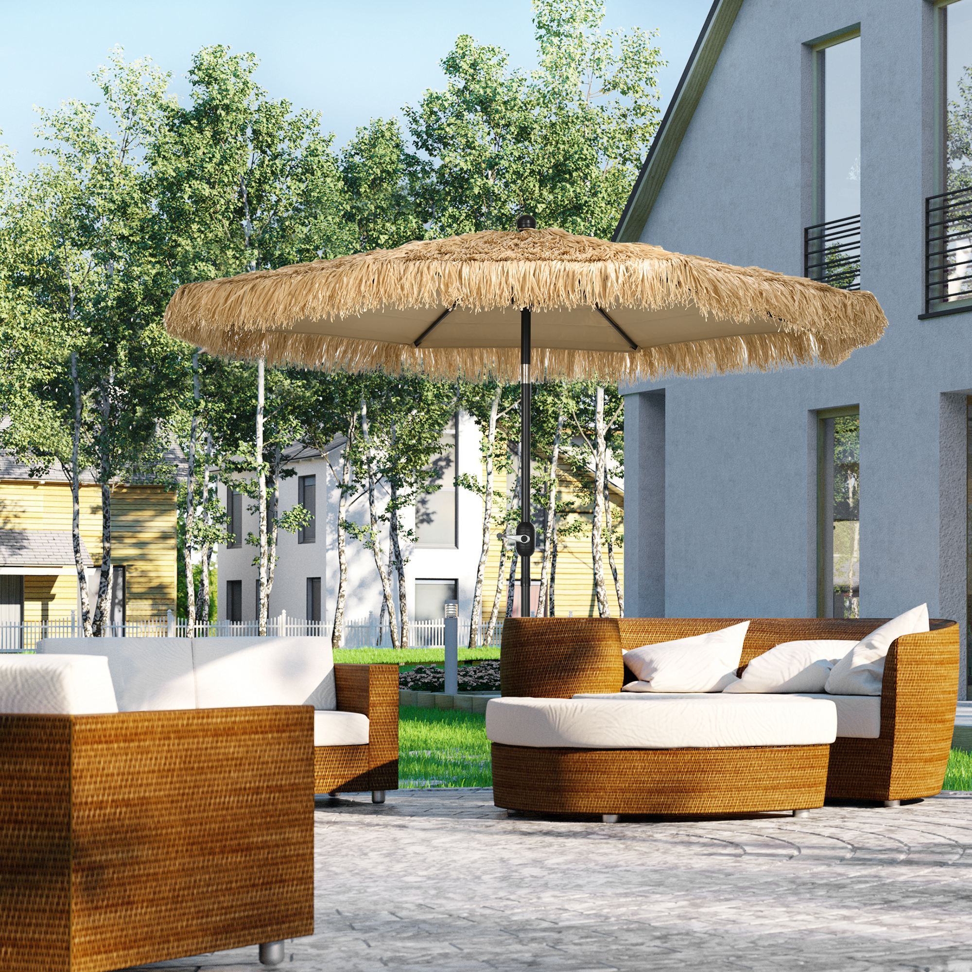 Parasol de jardin inclinable design Hawaï 265 cm raphia artificiel kaki