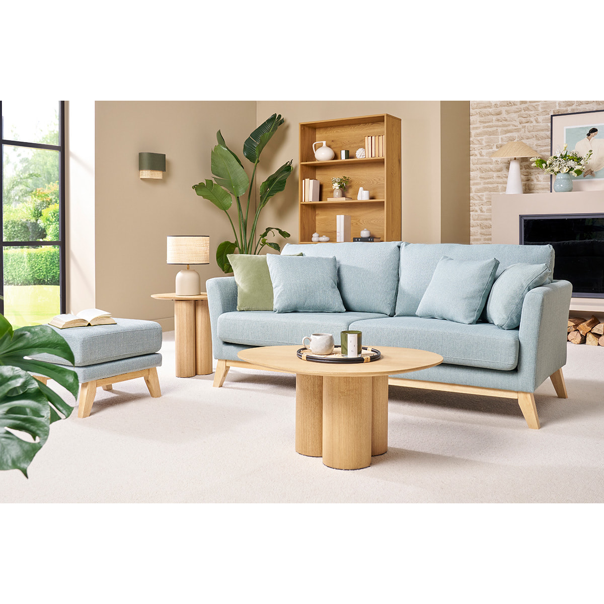 Canapé scandinave déhoussable 3 places en tissu vert lagon et bois clair OSLO