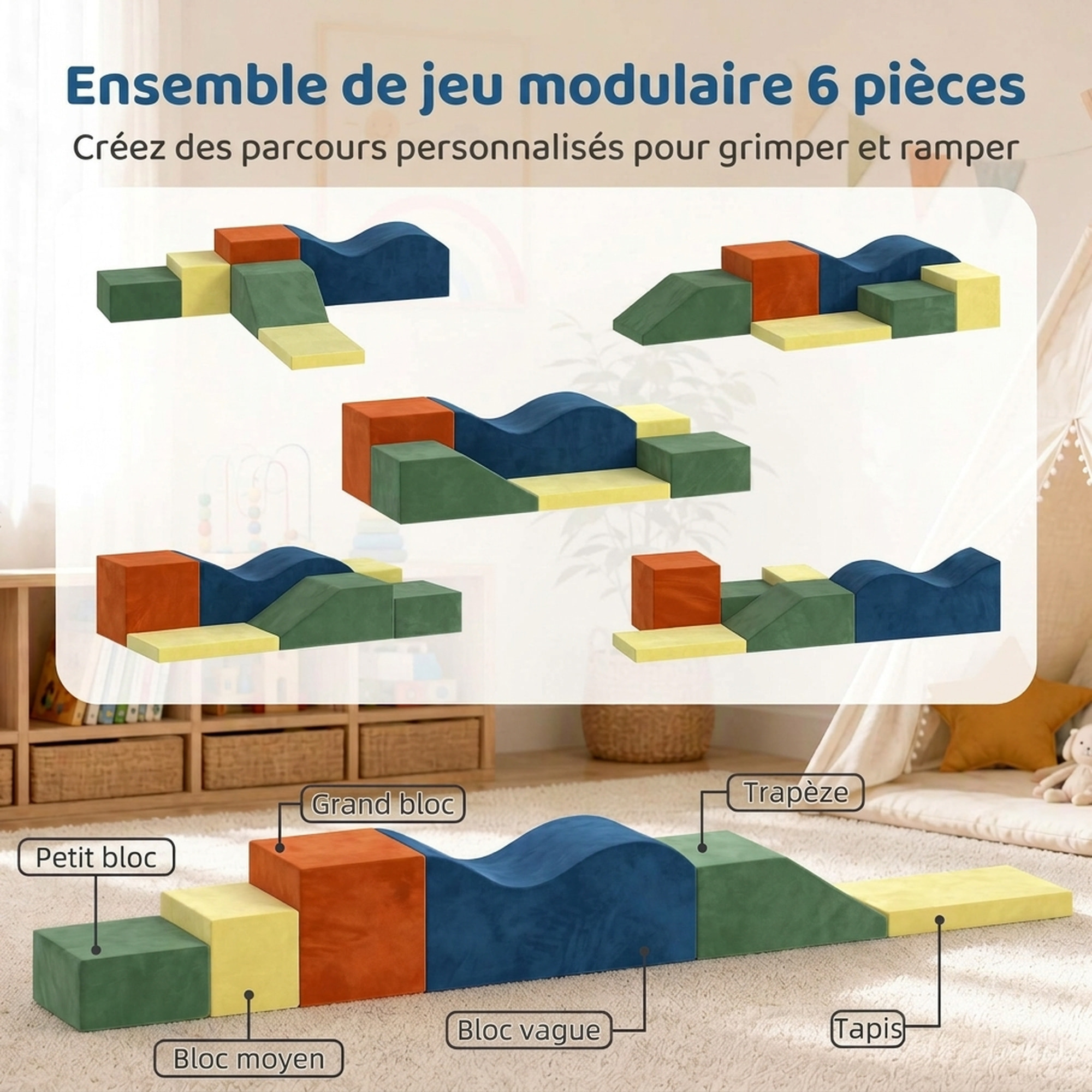 Parcours motricité 6 pièces variées tissu velours multicolore