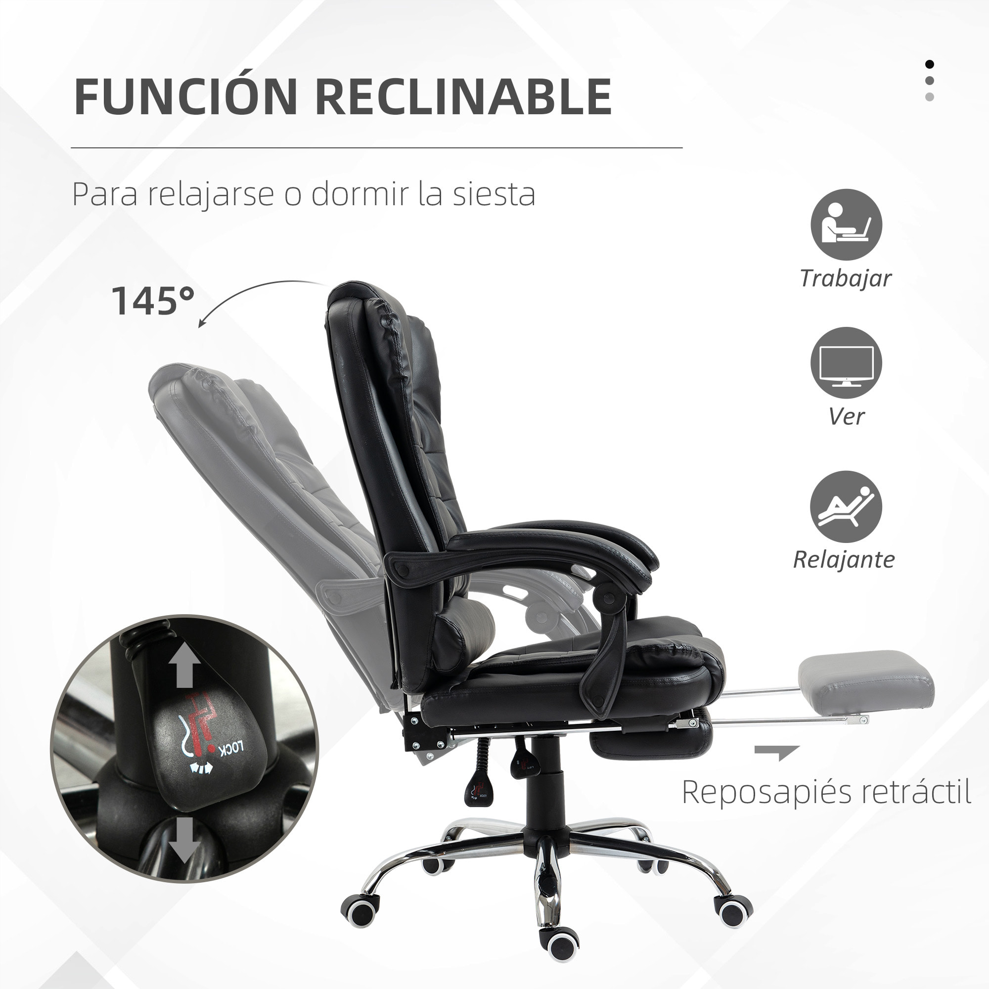 Silla de Oficina Reclinable Silla de Escritorio con Reposapiés Silla Ejecutiva Giratoria con Altura Ajustable Tapizada en PU y Reposabrazos para Estudio Negro