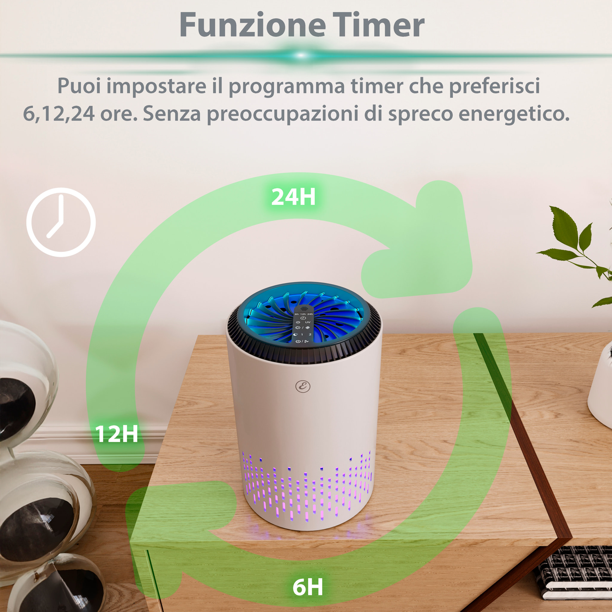 Purificatore Aria Portatile Air Purifier Filtro Hepa H13 22 Watt Elimina Odori Pollini Polvere Con Timer Camera Letto Soggiorno Bagno Ufficio 20 Mq