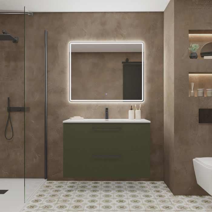 Meuble de Salle de Bain Vex | 100Cm Vert| Deux Tiroirs | Évier Encastré | Miroir non inclus | Meubles Assemblés | Alday
