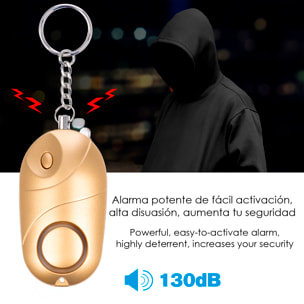 Alarma SOS personal con luz LED brillante y sonido de 130dB. 3x pilas LR44 incluidas y activación rápida por tirón de anilla.
