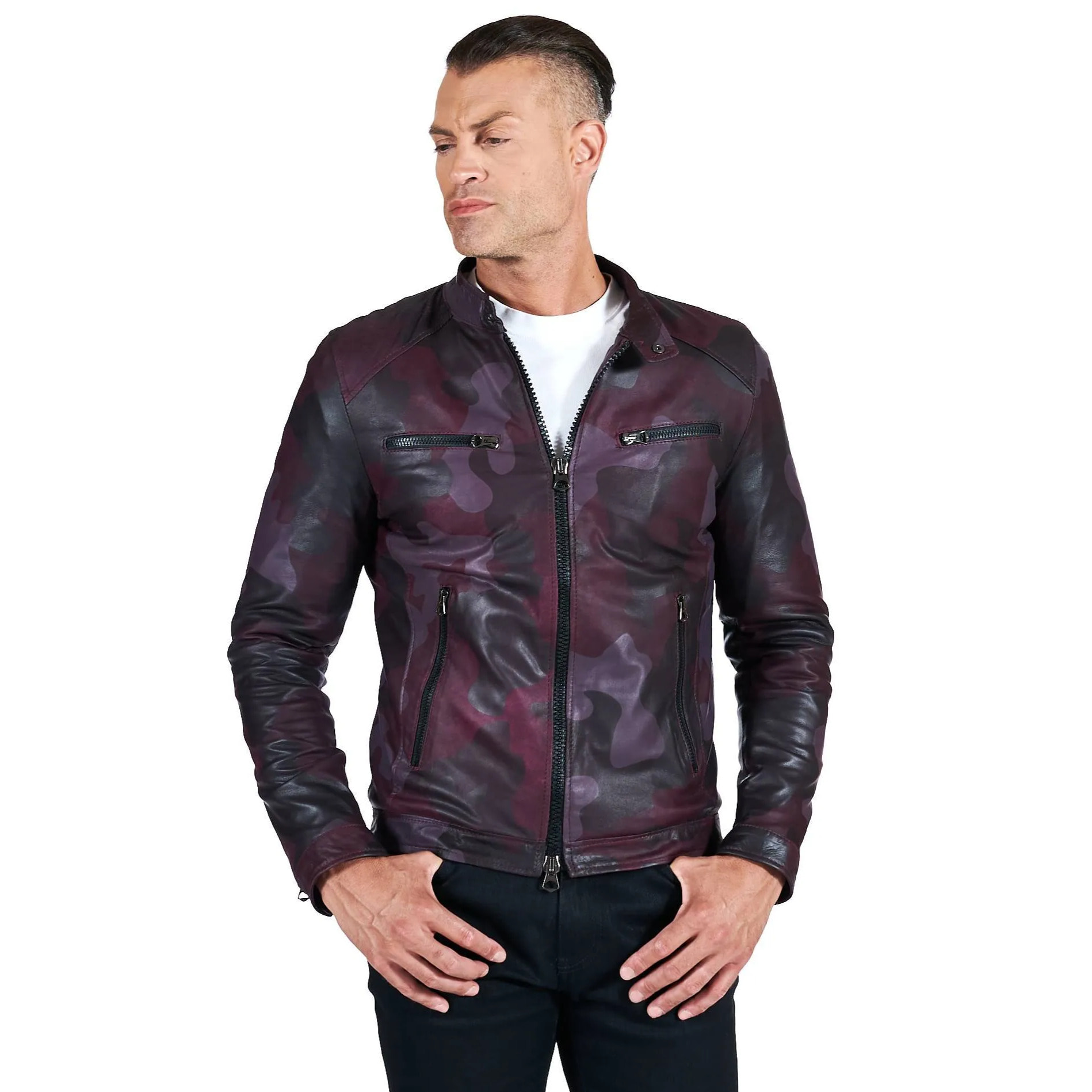 Giacca in pelle militare bordeaux effetto liscio