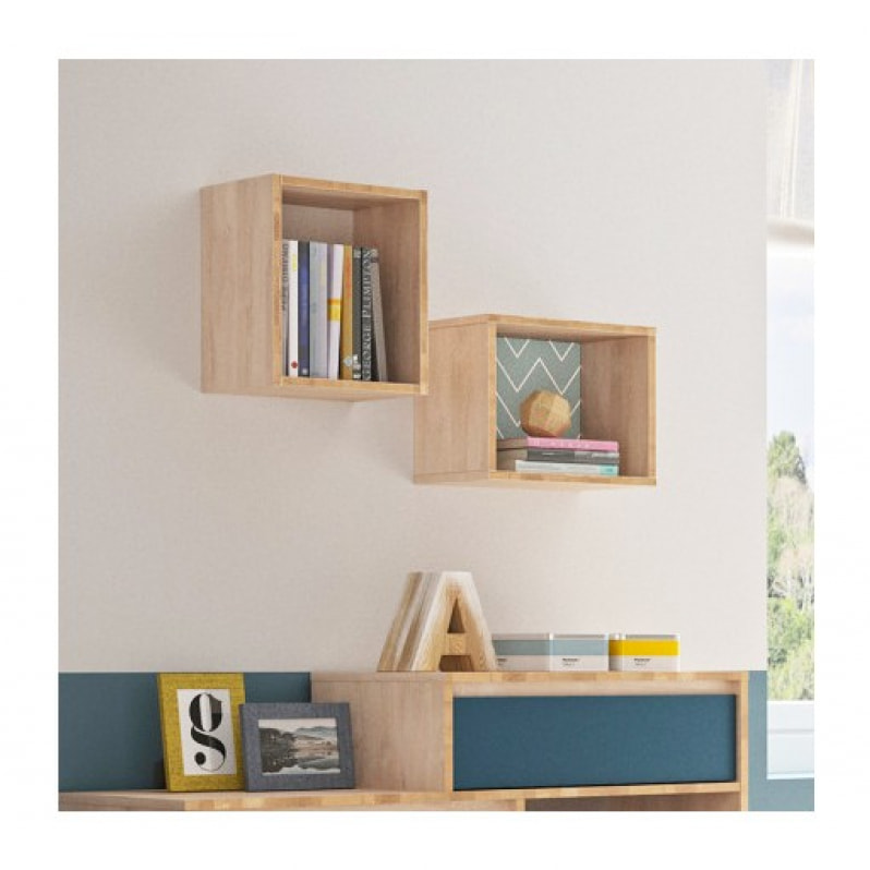 Cube mural décor chêne beige, réversible blanc ou bleu - SCANDI