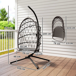 Outsunny Silla Colgante Huevo con Soporte, Columpio Jardín Exterior con Cesta Plegable de Ratán, Cojín Grueso, Reposacabezas, Altura Ajustable, Cuerda para Interior y Exterior, Marrón