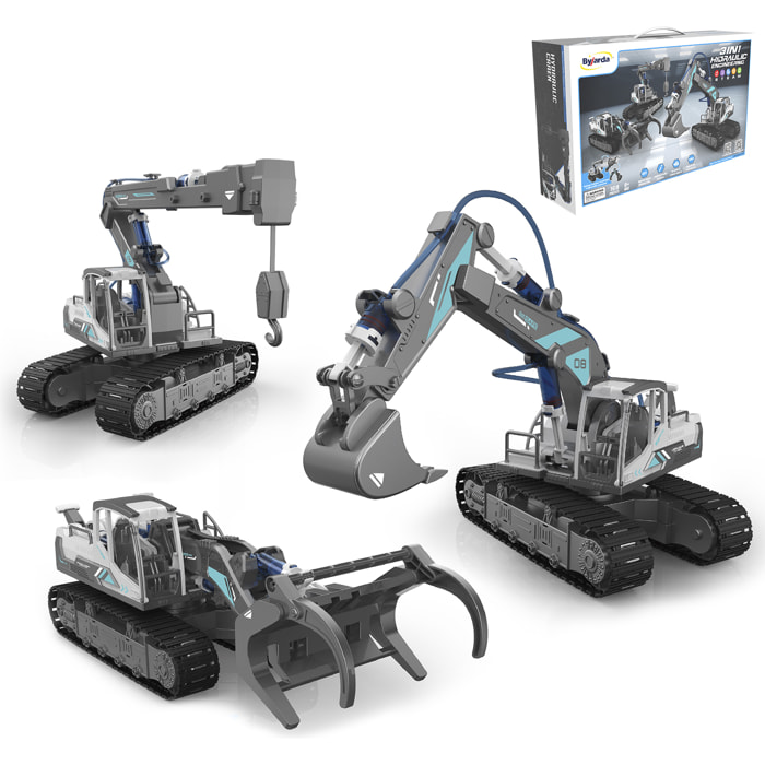 Macchinari idraulici 3 in 1: escavatore, gru e caricatore di legno. Per costruire, 168 pezzi.