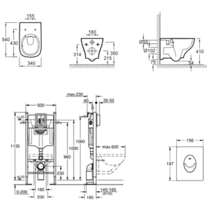 Pack WC suspendu sans bride Struktura + Bati-support GROHE + plaque Start blanc + porte-rouleau carré