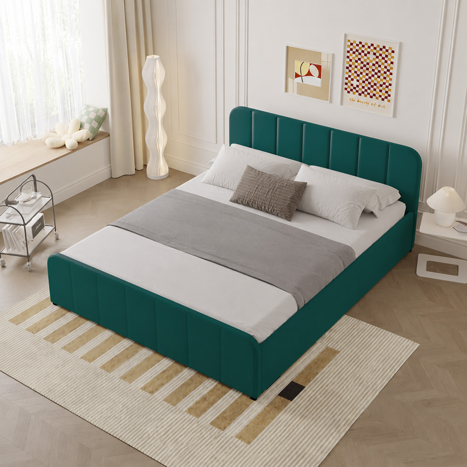 Lit avec coffre de rangement 140x190cm en velours vert KANSAS