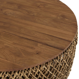 SIXTINE - Table basse ronde diam85 rotin plateau bois de teck recyclé