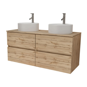 Meuble Salle de Bains 120cm 4 Tiroirs Chêne Naturel - 2 Vasques Rondes 41cm en Céramique Blanche