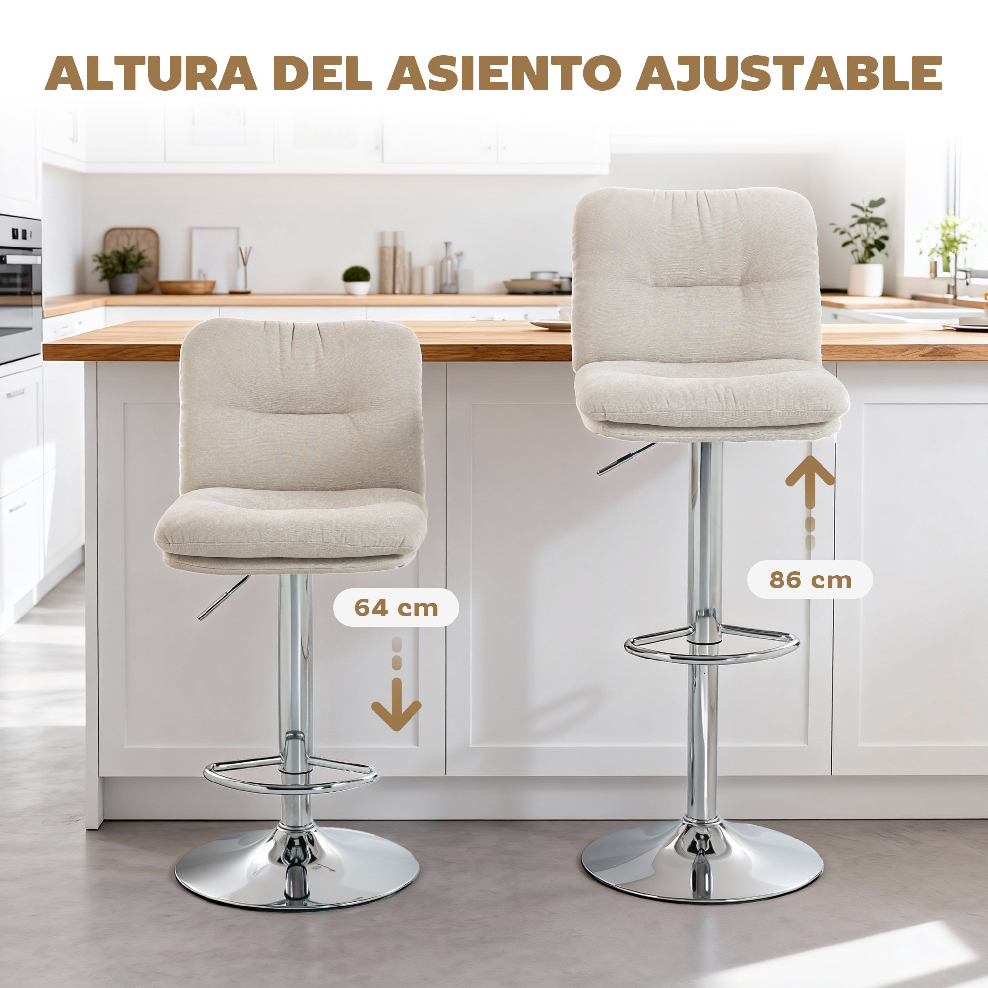 Juego de 2 Taburetes de Bar Giratorios, Taburetes Altos de Cocina Tapizados de Lino con Altura Ajustable 64-86 cm, Respaldo, Reposapiés, Asiento Acolchado y Base de Acero, Beige