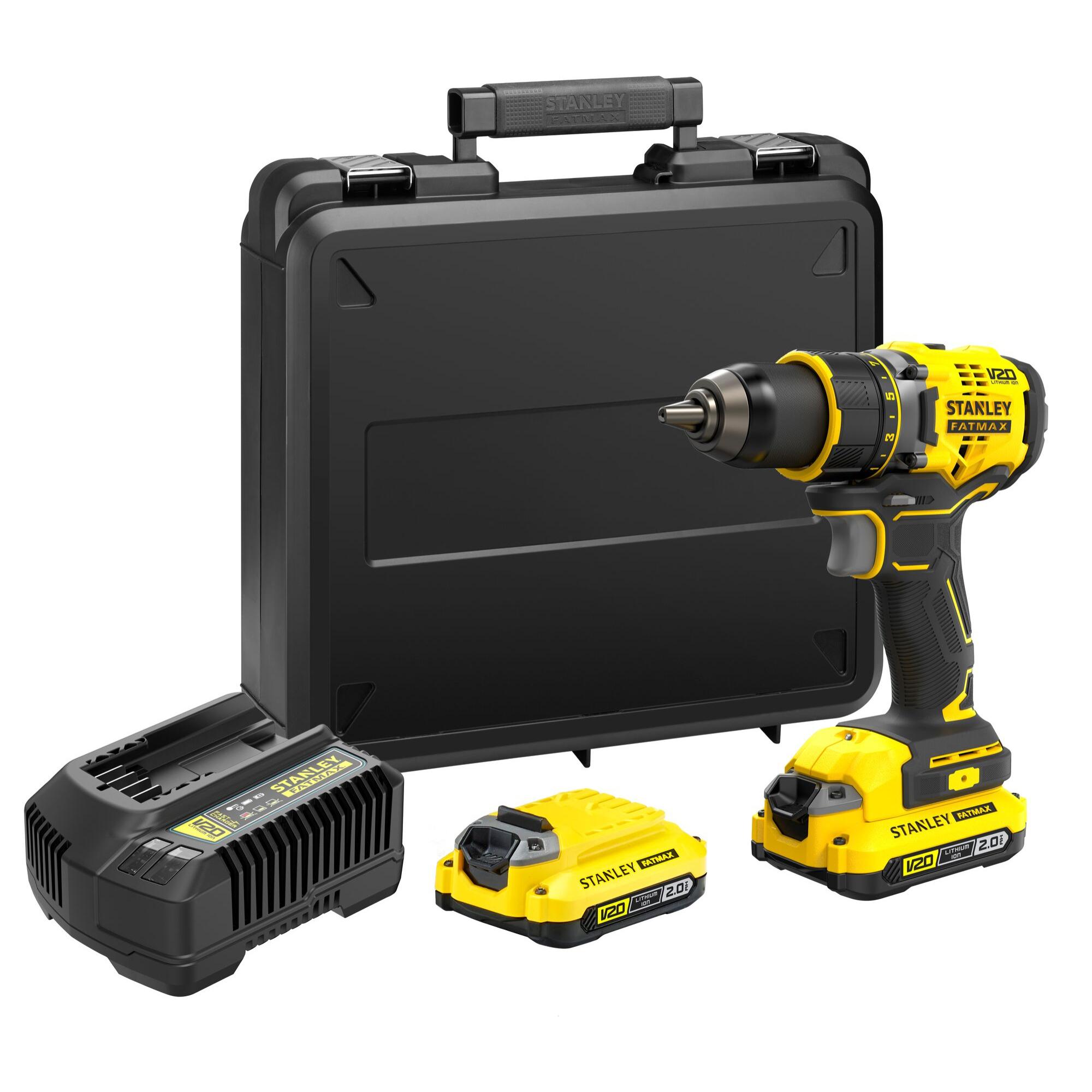 Perceuse visseuse Brushless 18V 80Nm Gamme V20 STANLEY Fatmax SFMCD720D2K-QW avec 2 Batteries Li-Ion 18 V 2,0 Ah, 1 Chargeur et 1 Malette de Transport