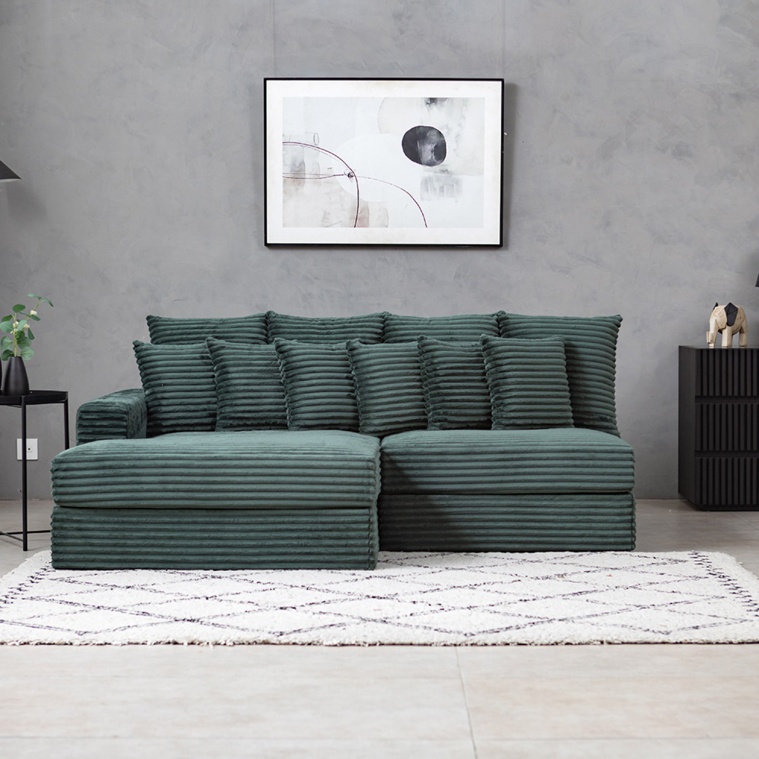 KENDARI Canapé d'angle 2/3 places assise profonde en velours côtelé vert