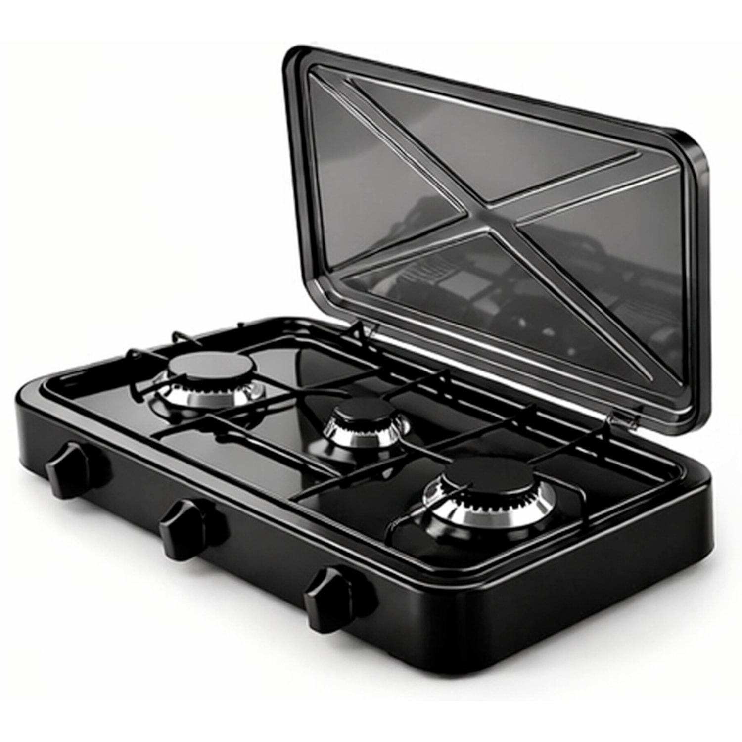 Fornello A Gas Portatile 2 Fuochi con Coperchio Piano Cottura Campeggio GPL Gas Naturale Fornello da Camping In Acciaio Con Griglie Smaltate