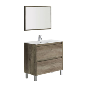 Mobile sottolavabo Modesto, Mobiletto sospeso con 2 cassetti, Armadio per bagno con specchio, Lavabo escluso, cm 80x45h80, Quercia