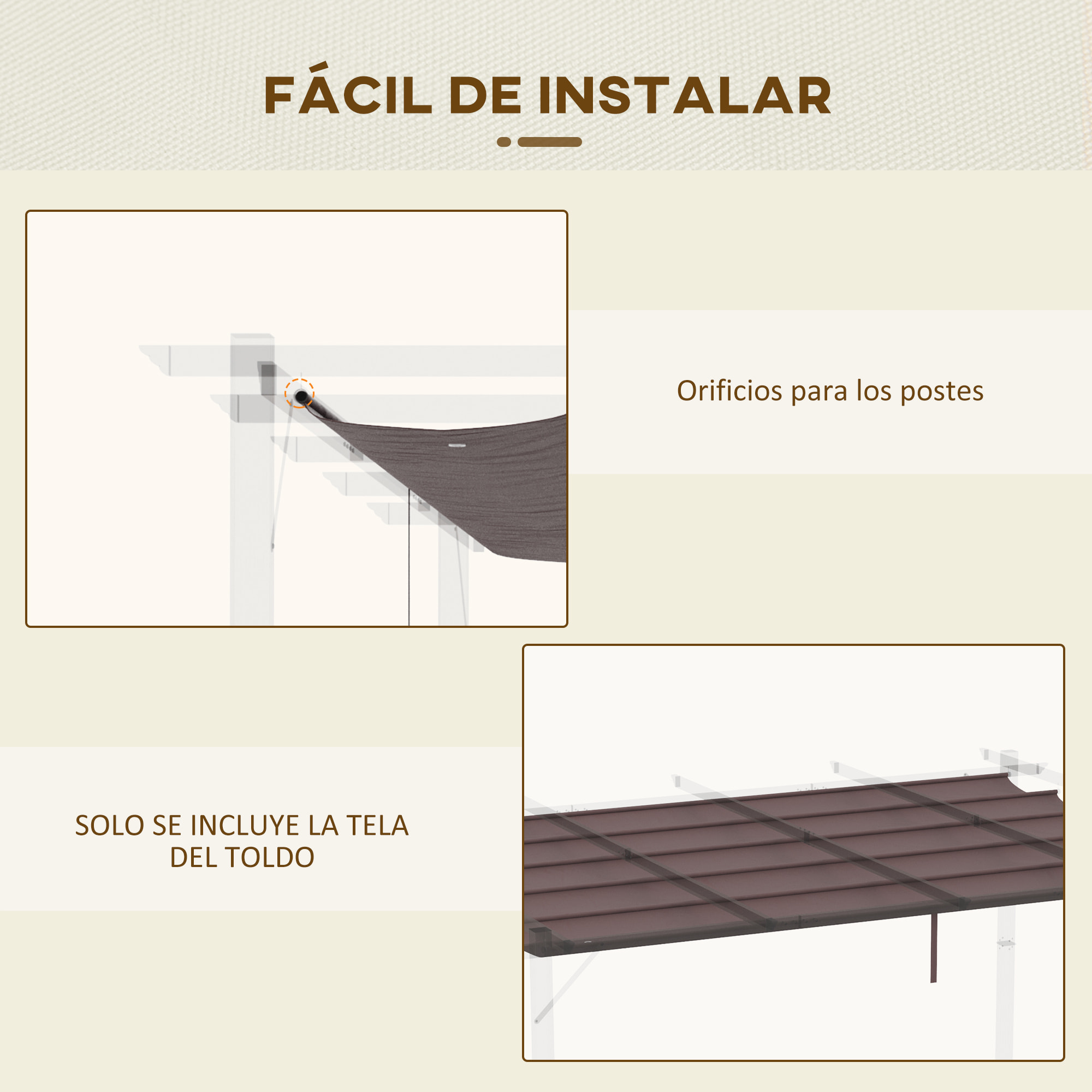 Cubierta para Pérgola Retráctil 3,5x2,5 m Toldo con 10 Orificios de Drenaje Café