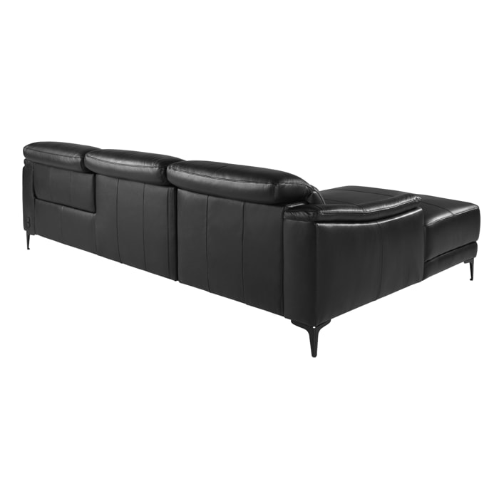 Sofá chaise longue Angel Cerdá relax izquierda de 5 plazas tapizado en piel de origen vacuno en negro con reposacabezas patas de acero inoxidable en negro mate sistema de relax eléctrico 272x168x96cm