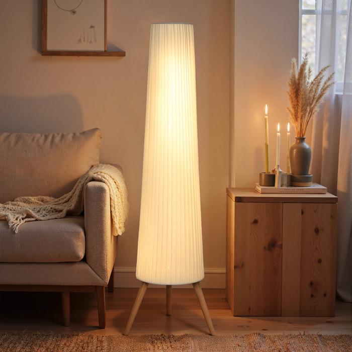 Lámpara de Pie con Trípode, Brillo Ajustable 3 Niveles, Lámpara Salón Nórdica con Interruptor de Pie, Patas de Madera y Pantalla de Tela, para Dormitorio, Oficina, Decoración, Blanco