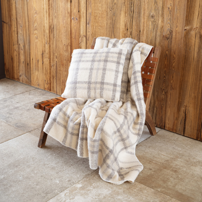 Plaid à carreaux  - Effet mohair avec dos sherpa - Ecru