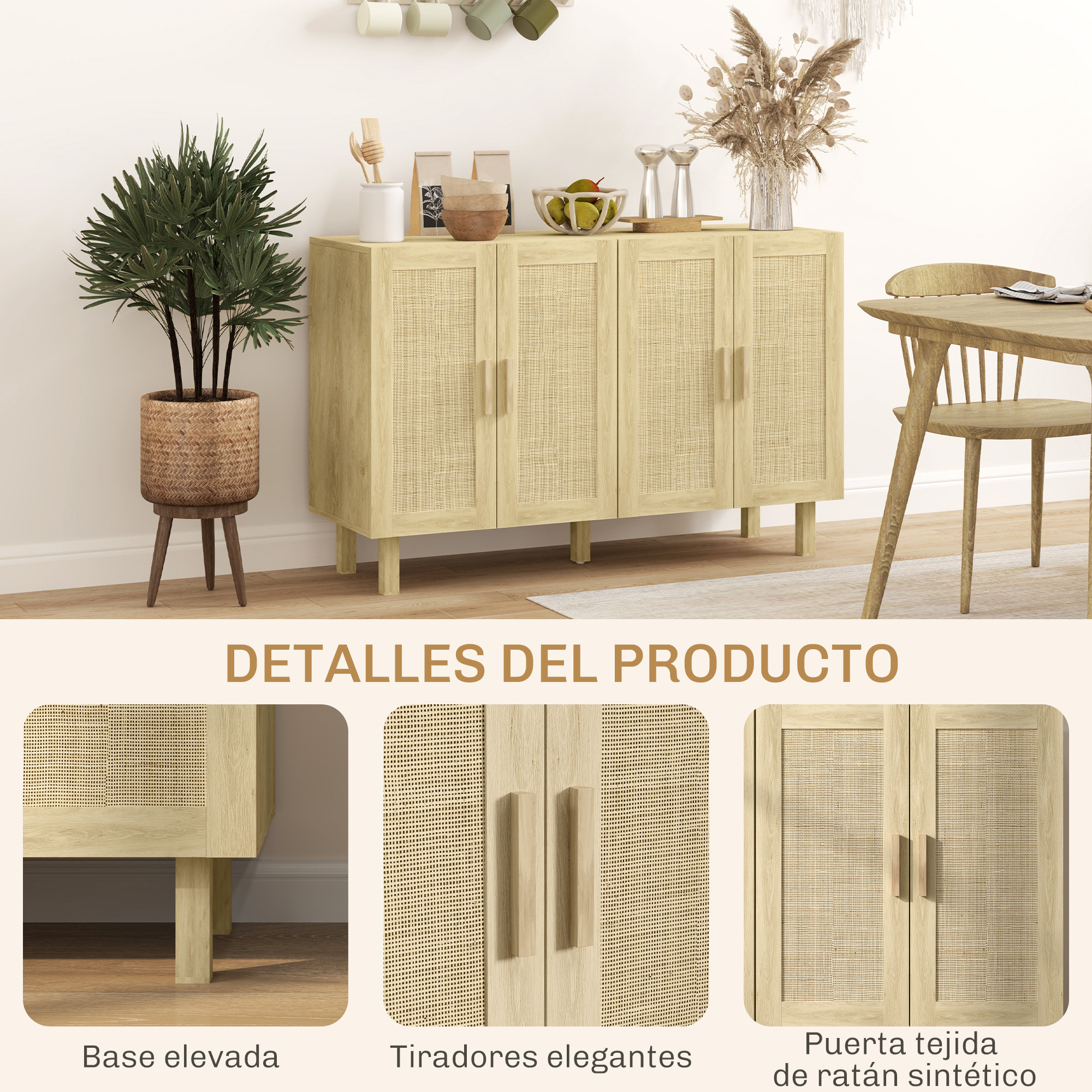 Aparador 4 Puertas de Rejilla de Ratán Aparador para Salón Nórdico con Estantes Ajustables para Comedor Entrada Dormitorio Natural 120x39,5x76 cm