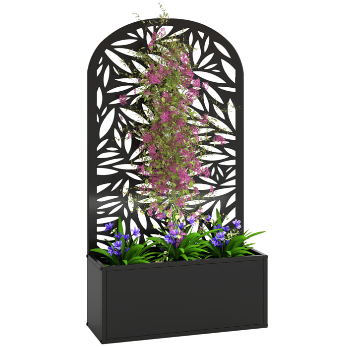 Jardinera Exterior Grande de Metal, Jardinera con Pantalla de Privacidad Curva de Hojas Decorativas, Macetero de Pared o Independiente para Plantas Trepadoras, Patio, 61x23x113 cm, Negro