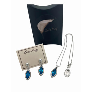 Conjunto colgante y pendientes de lagrá­ma en zamak chapado plata de ley y cristal facetado en azul .