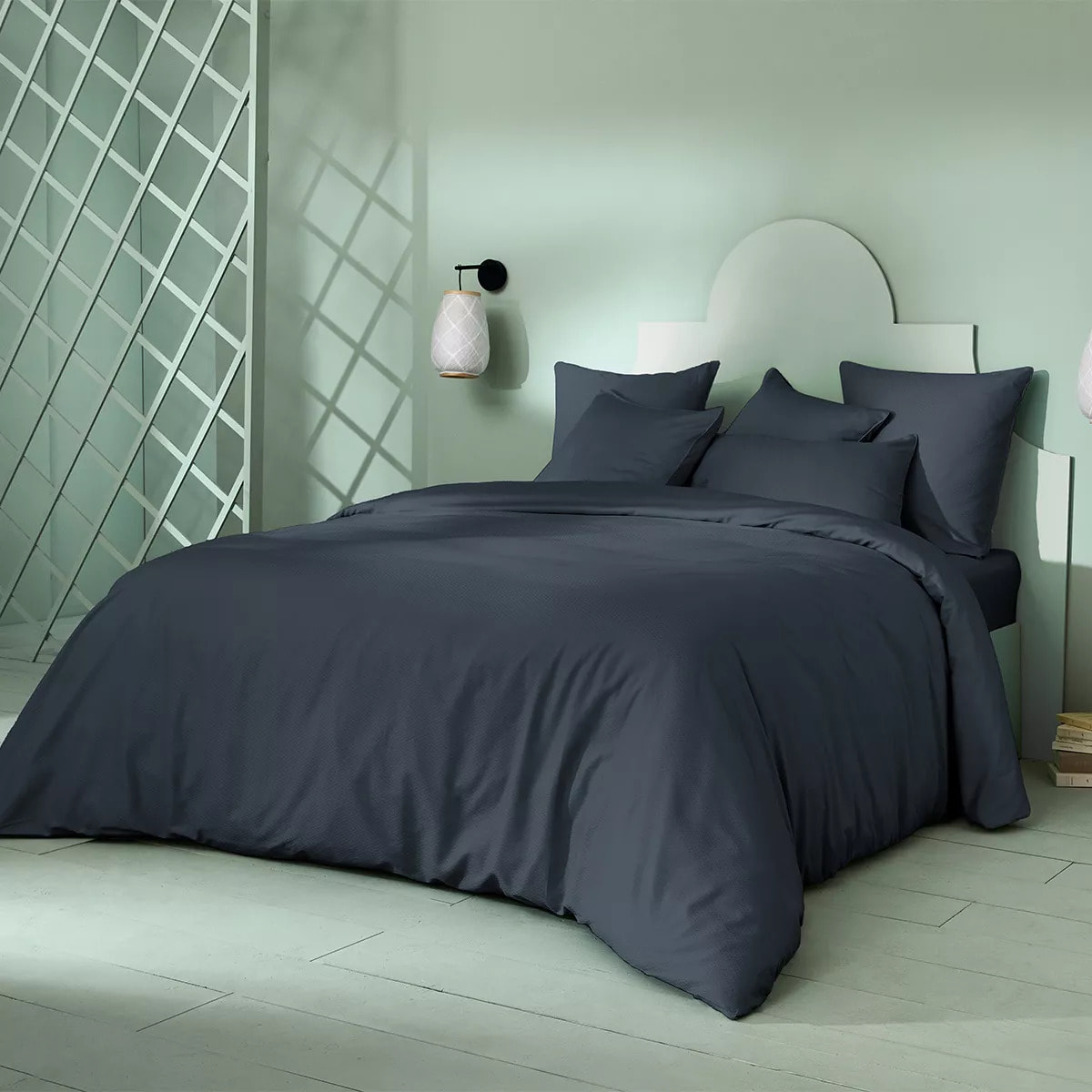 Housse de couette satin de coton motif jacquard bleu Vibrato bleu nuit