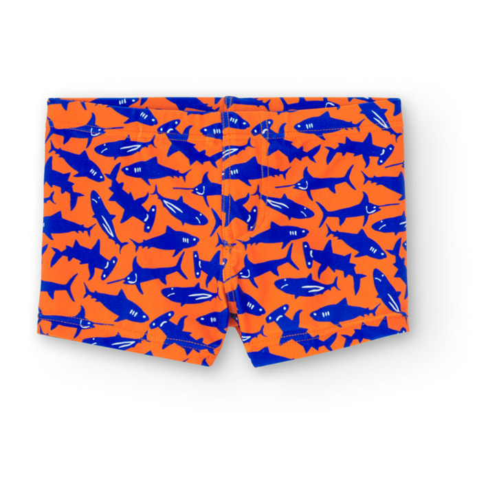 Bañador estampado con tiburones de color naranja, Bañador