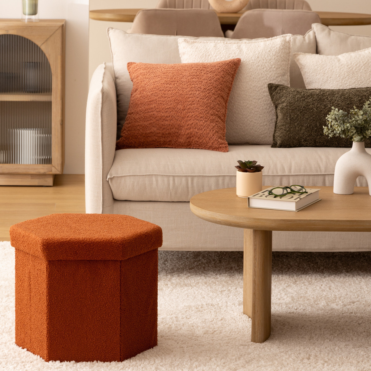 Pouf pliant "Jaiko" en bouclette 40x38cm ambre