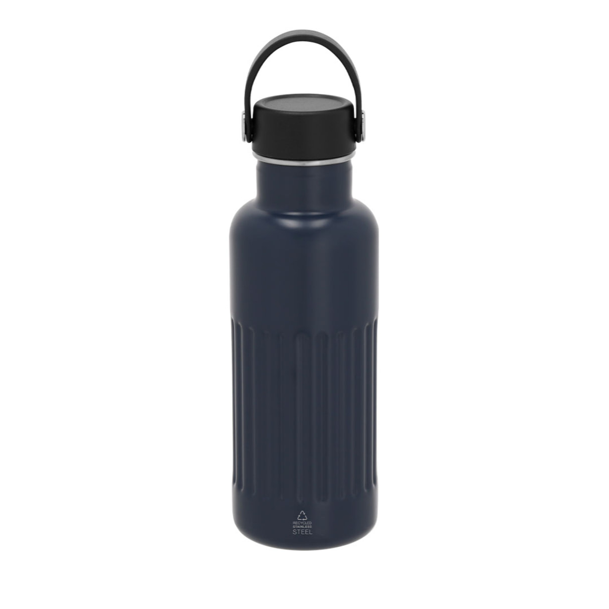 Bidón térmico en Acero Inox Reciclado de doble pared y 500 ml de capacidad. Exterior en acabado biselado mate. Incluye tapón a rosca con asa.
