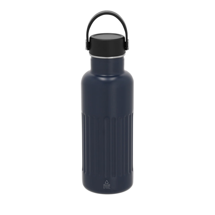 Bidón térmico en Acero Inox Reciclado de doble pared y 500 ml de capacidad. Exterior en acabado biselado mate. Incluye tapón a rosca con asa.