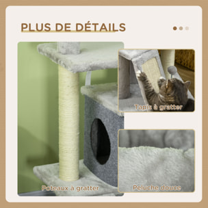 Arbre à chat multi-équipement griffoirs grattoirs plateformes niche panier jeu boules gris