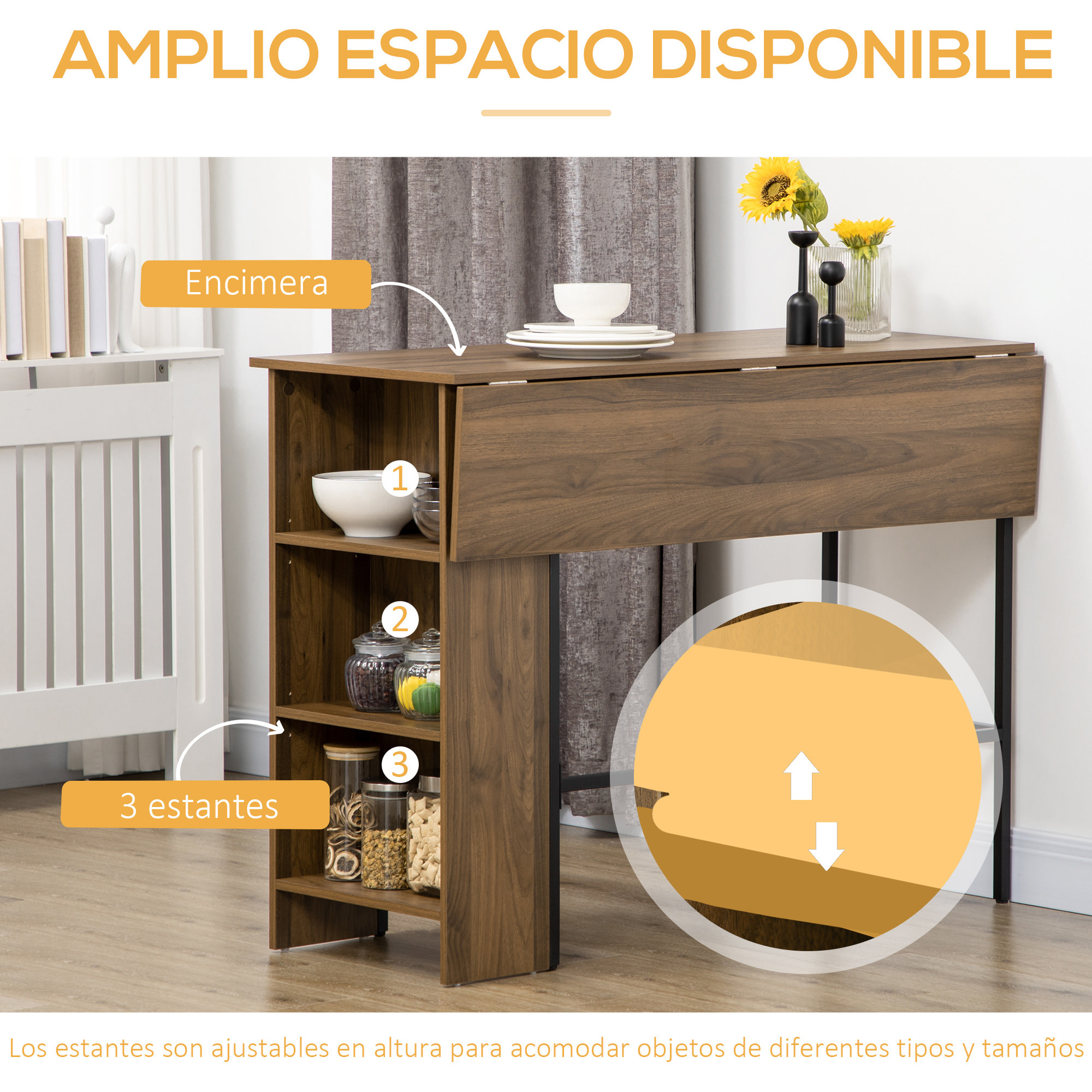 Mesa de Bar Extensible con 3 Estantes de Almacenamiento 120x76x91,4 cm Marrón