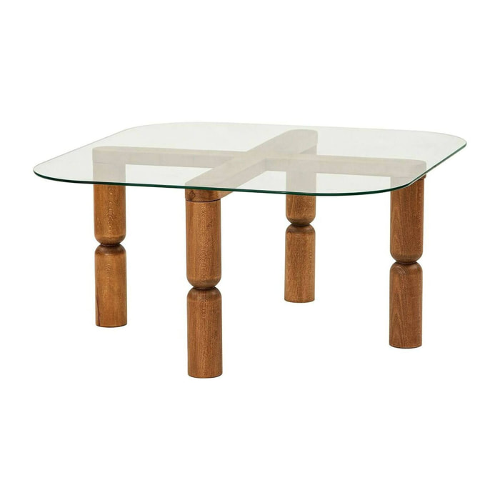 Tavolino da salotto Gran, Tavolo basso da caffè, Portariviste per divano, Ripiano da soggiorno, 80x80h40 cm, Noce e Trasparente