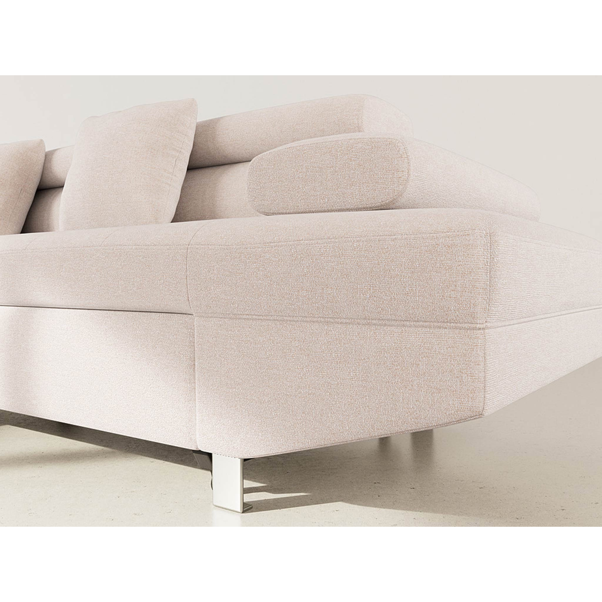 Margaux - Canapé d'angle gauche 5 places convertible avec coffre et têtières réglables en velours texturé - Beige