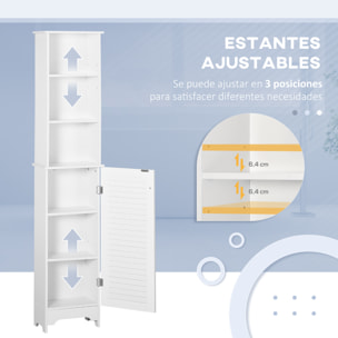 Armario Alto de Baño con 1 Puerta 3 Estantes Abiertos y Balda Interior Ajustable Mueble Auxiliar de Almacenaje para Salón Aseo Dormitorio 34x20x165 cm Blanco