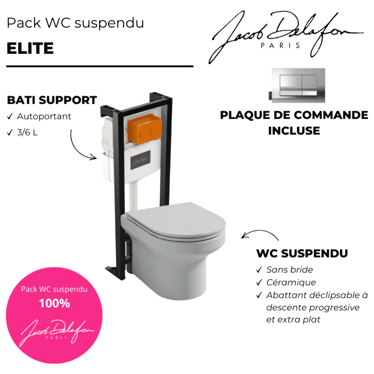 Pack WC suspendu sans bride  Elite + bâti-support + plaque Chrome