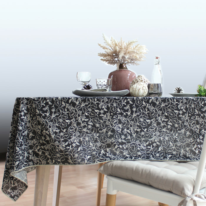 Nappe déperlante en voile de coton imprimée fleurs - Noir