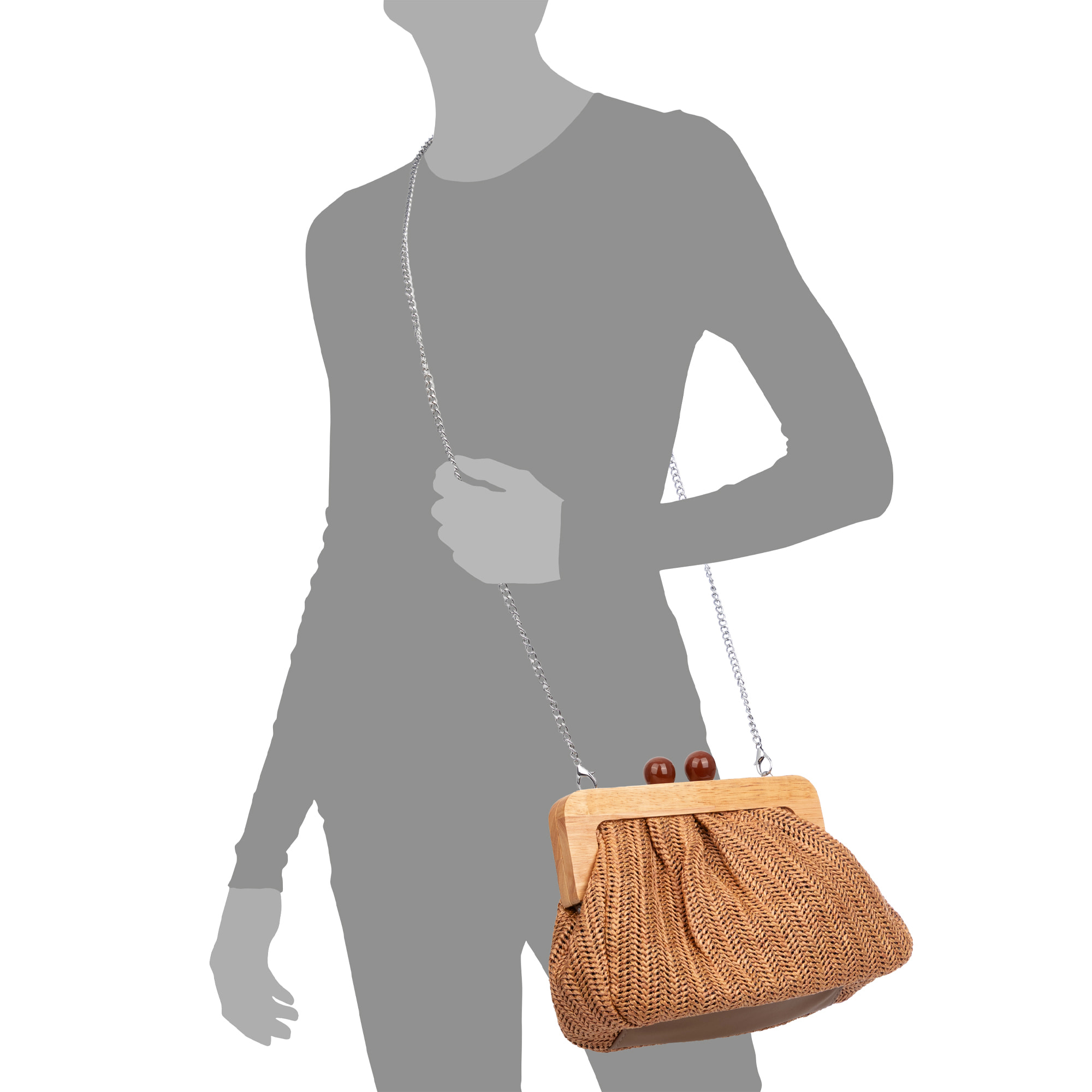 Benestare Bolso bandolera Mujer. Tela con detalles de madera natural y piel sintética.