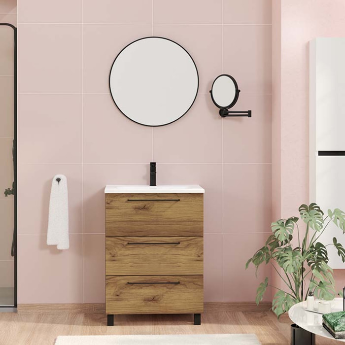 Ensemble De Salle De Bain Haru | Meuble De Salle De Bain Avec Pieds | 60 Cm Teka| 3 Tiroirs | Vasque Ceramique | N'Inclut Pas Miroir | Alday