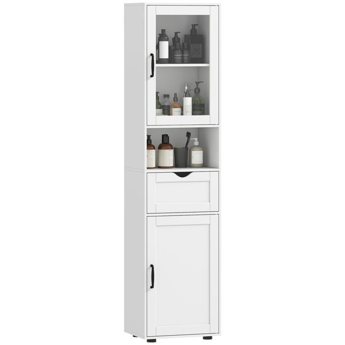 Armario de Baño Alto, Mueble Auxiliar de Baño con Puerta de Vidrio, Estantes Ajustables, Cajón, Estante Abierto, Columna Estrecha para Espacios Pequeños, 40x30x165 cm, Blanco
