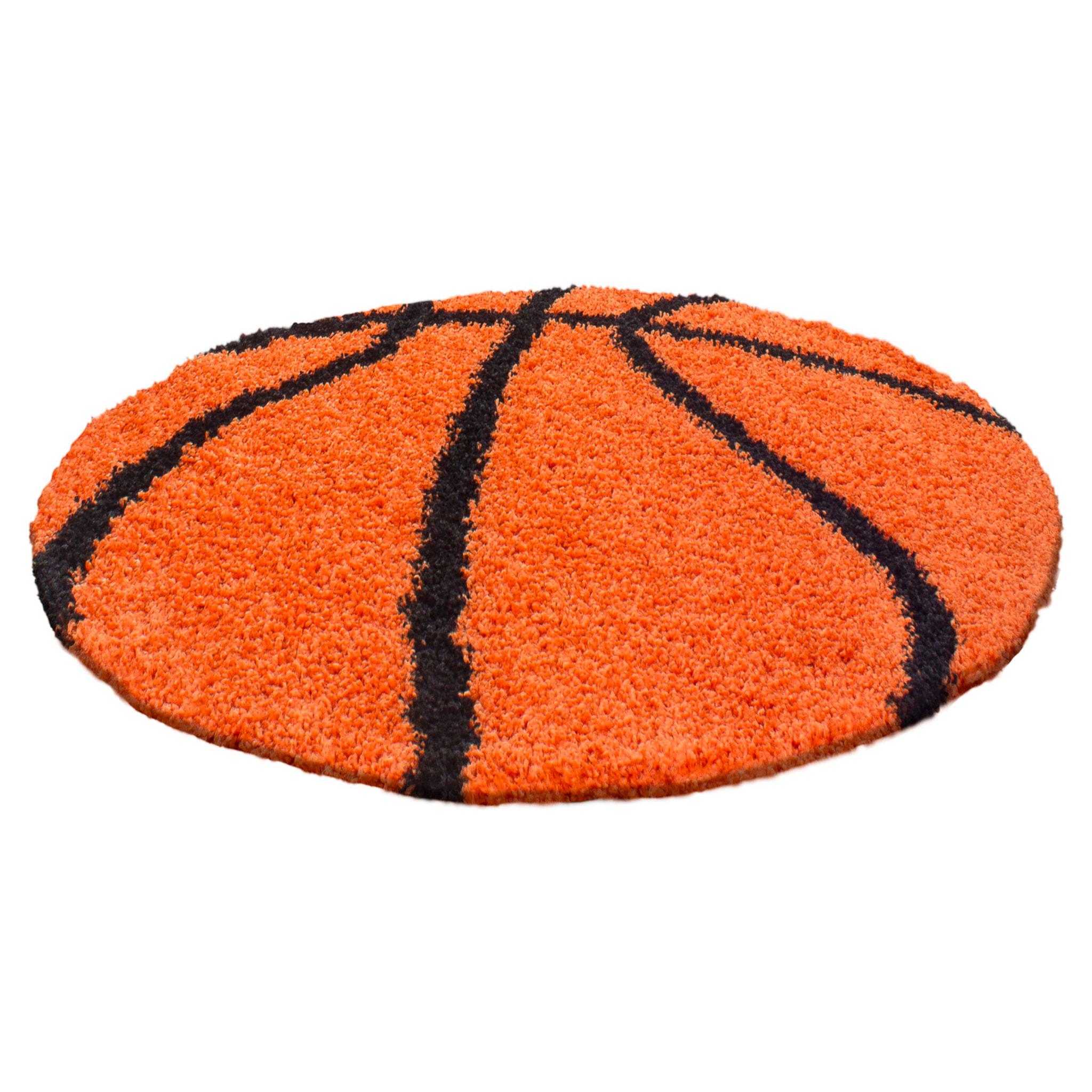 FUN - Tapis enfant shaggy rond à poils long motif ballon de basket orange