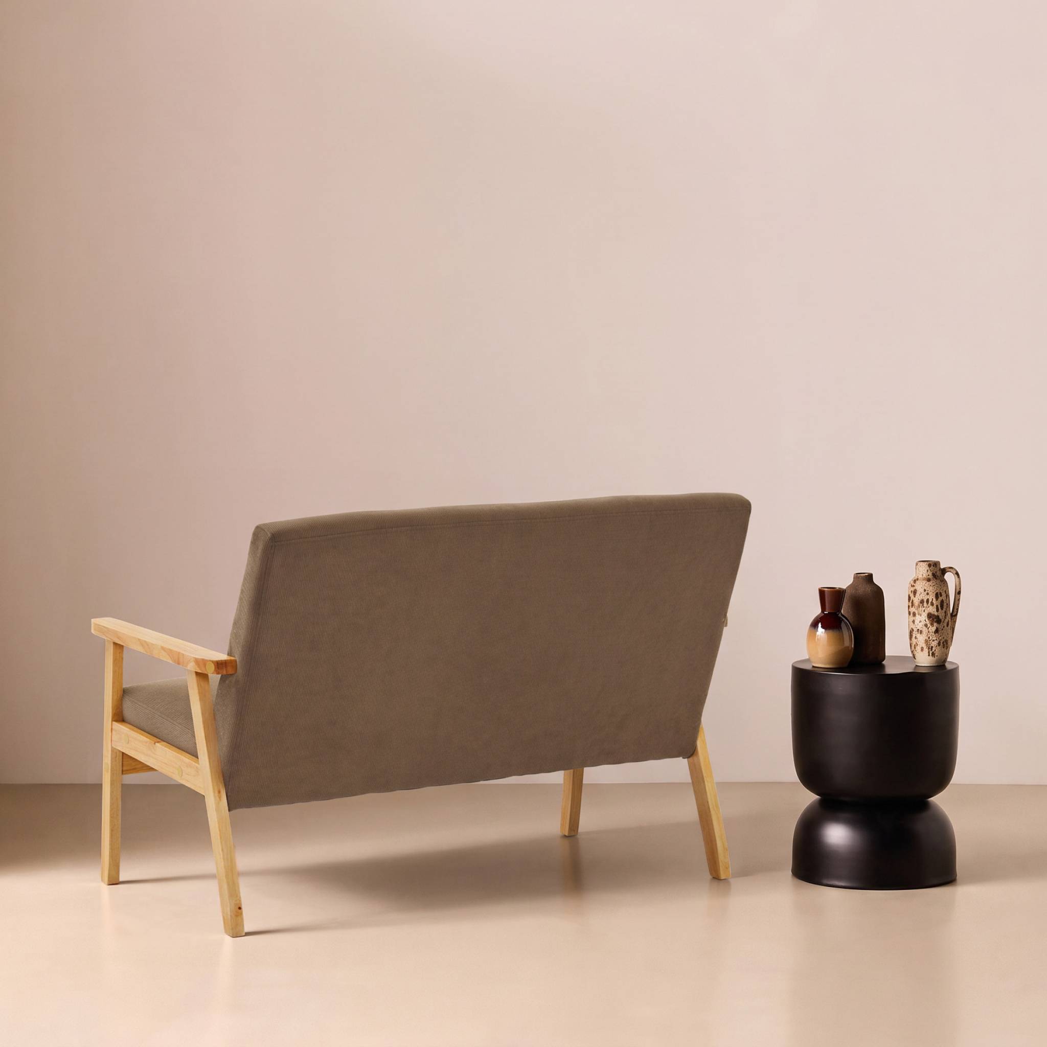 Canapé banquette 2 places bois d'hévéa velours côtelé ISAK
