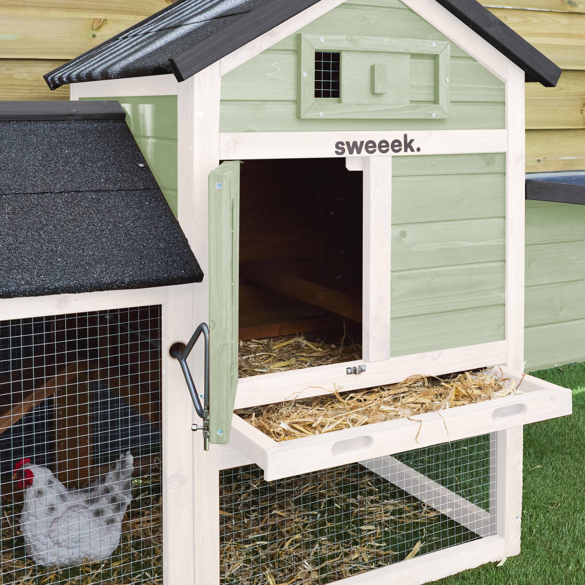 Poulailler en bois blanc et vert GALINETTE. 3 poules. cage à poule avec enclos